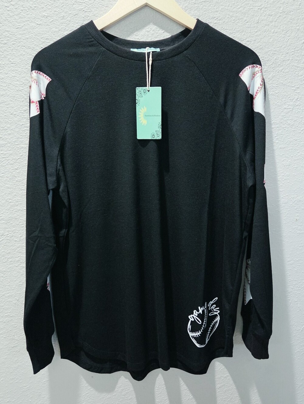 Black Long Sleeve Baseball Graphic Tee with Sleeve Details